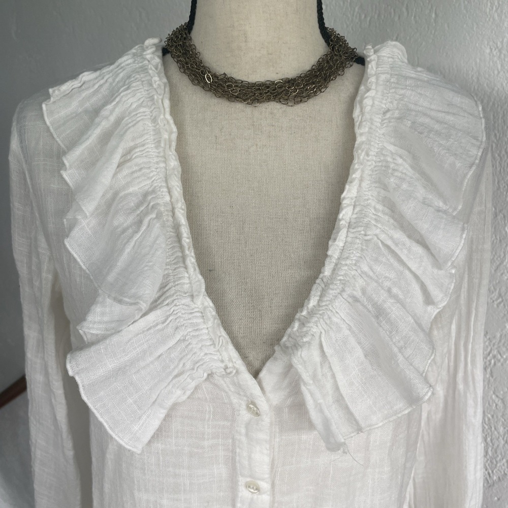 Zara NWOT Womens Ruffled Collar Button-Up Off White Cotton Long Sleeve Size S - Picture 2 of 6